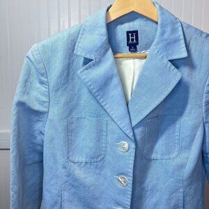 H Hilfiger Button Up Suit Jacket Pockets Women's 10 Linen Cotton Powder Blue